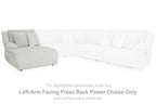 Light gray press-back power chaise with corner layout and vertical channeling upholstery.