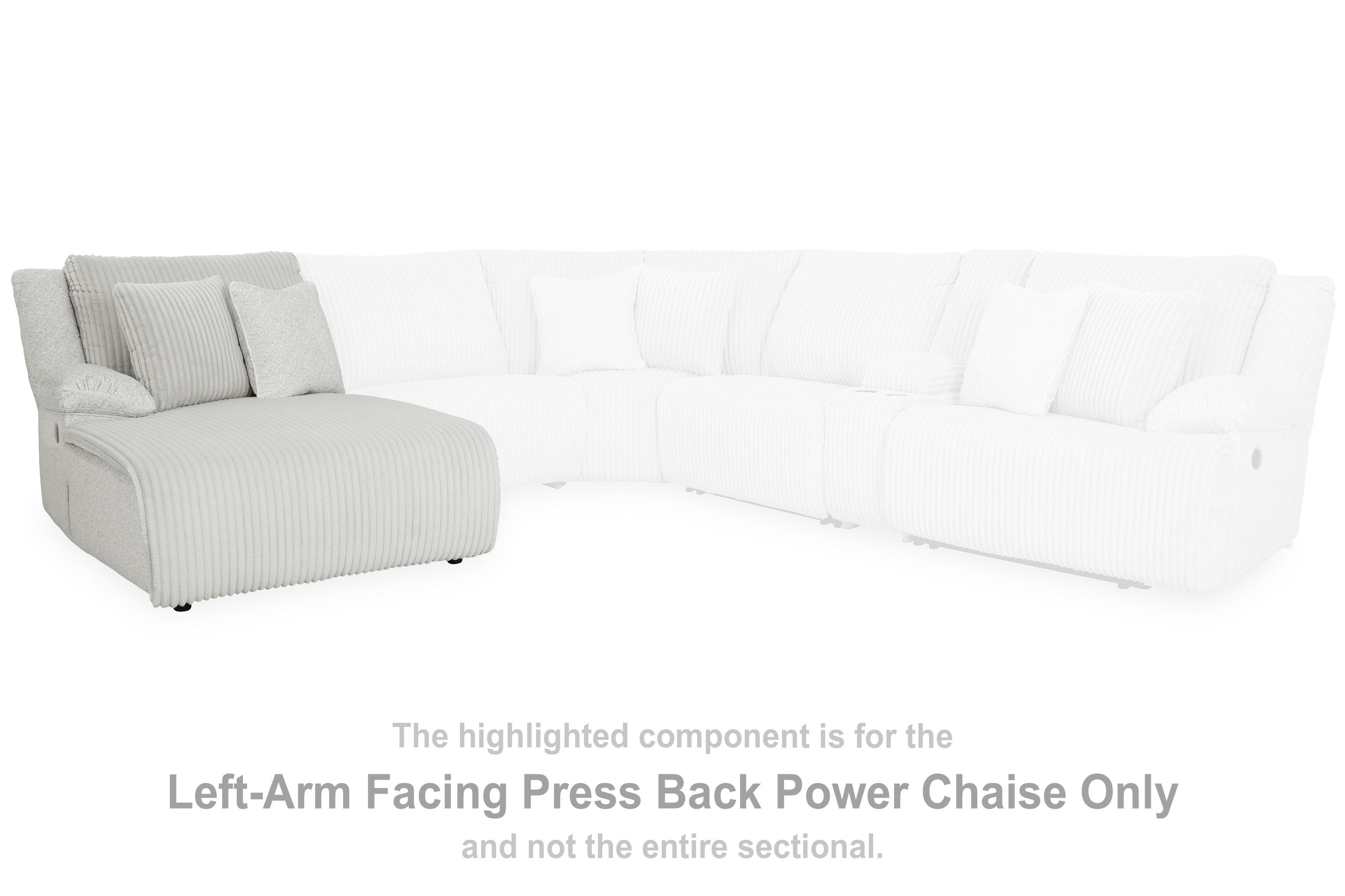Light gray press-back power chaise with corner layout and vertical channeling upholstery.