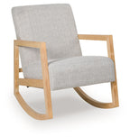 Gray fabric accent chair with light wood arms and curved base