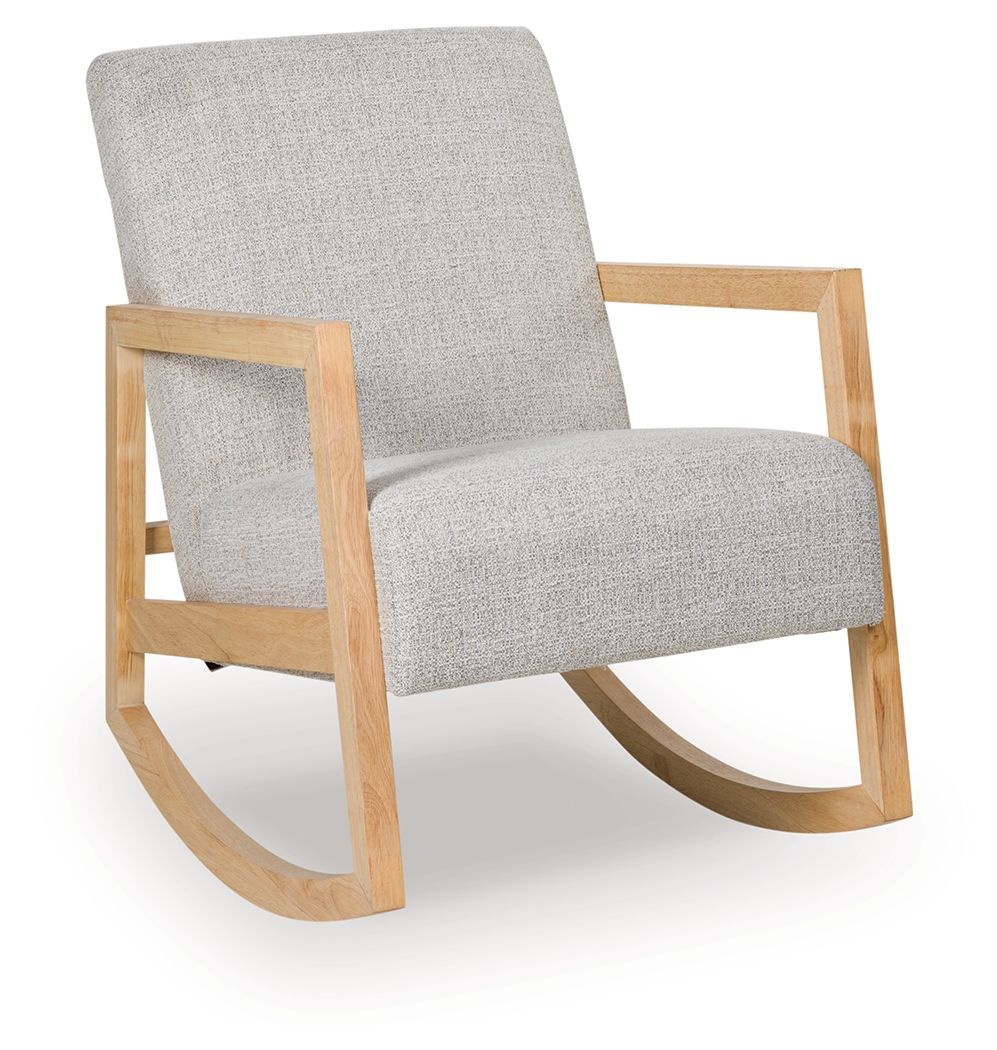 Gray fabric accent chair with light wood arms and curved base