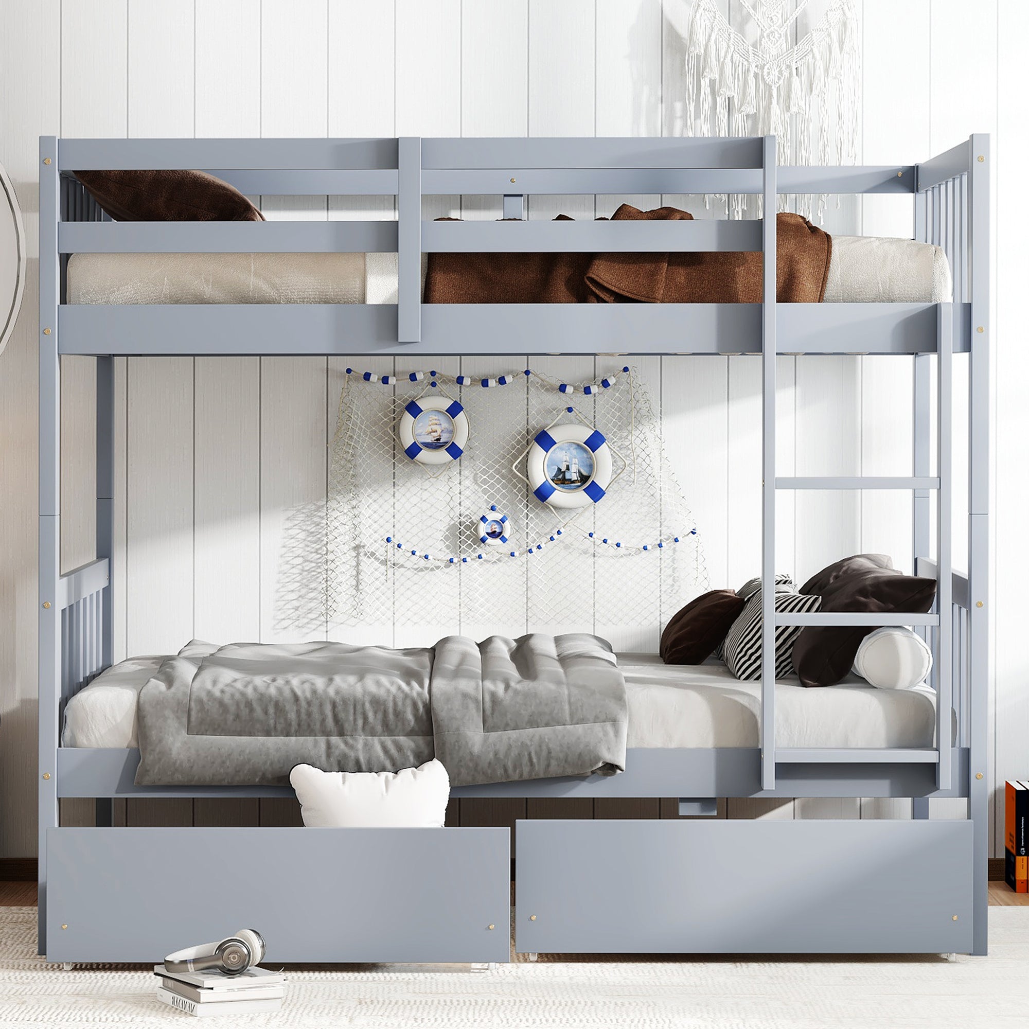 Twin Over Twin Rubber Wood Bunk Bed w/ Drawers, Convertible, Grey