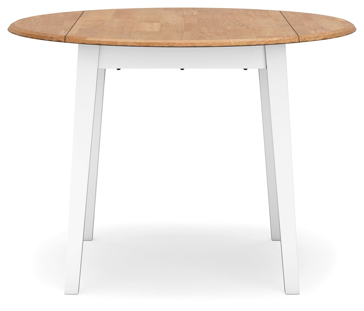 Round drop-leaf dining table with fully extended light wood top and white legs