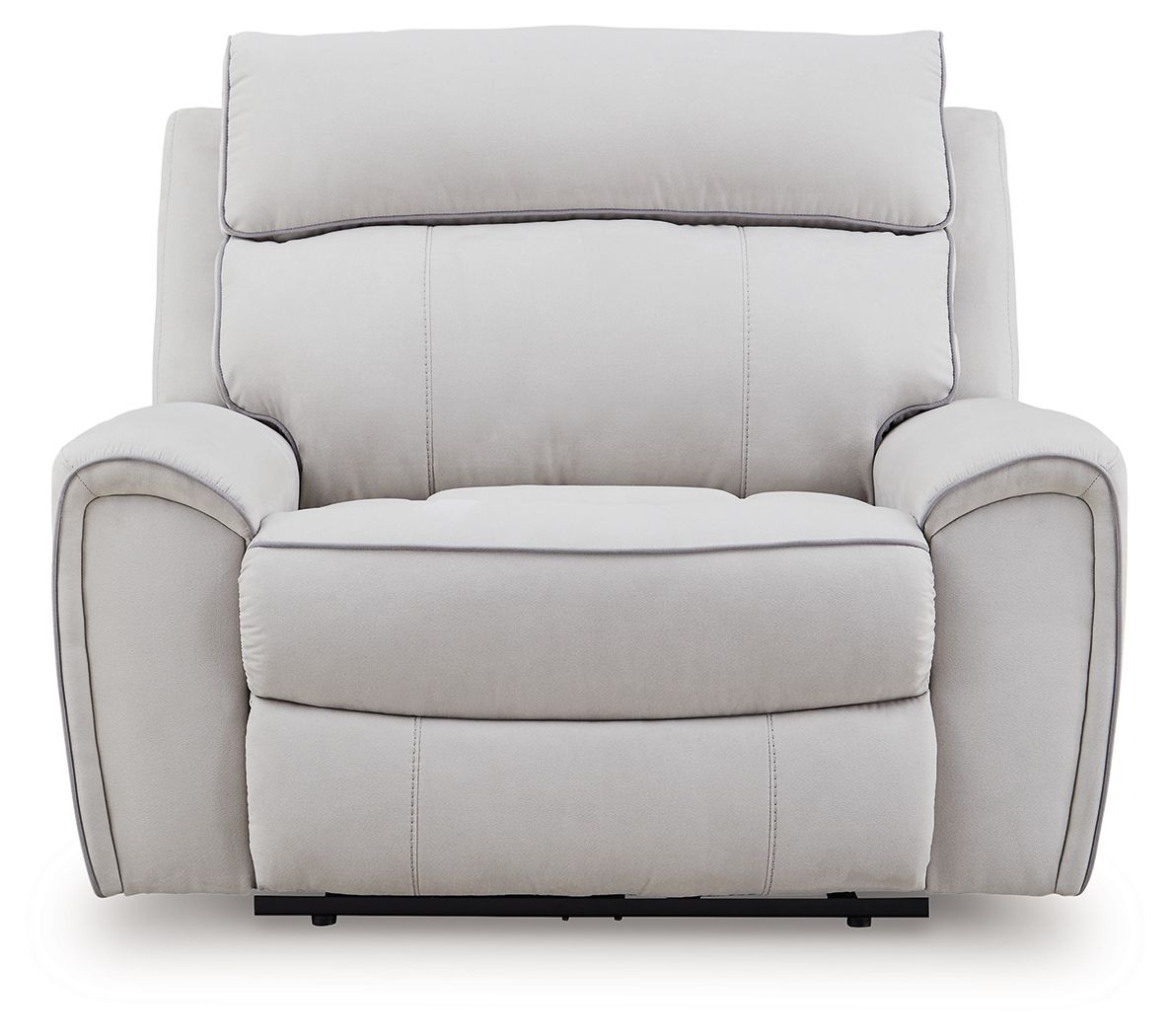 Light gray power recliner chair, straight front view with wide padded arms