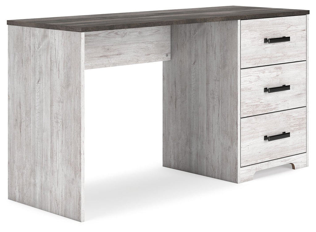 Home office desk with dark top, light gray wood-look frame, three drawers with black pulls