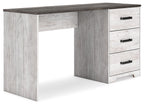 Home office desk with dark top, light gray wood-look frame, three drawers with black pulls