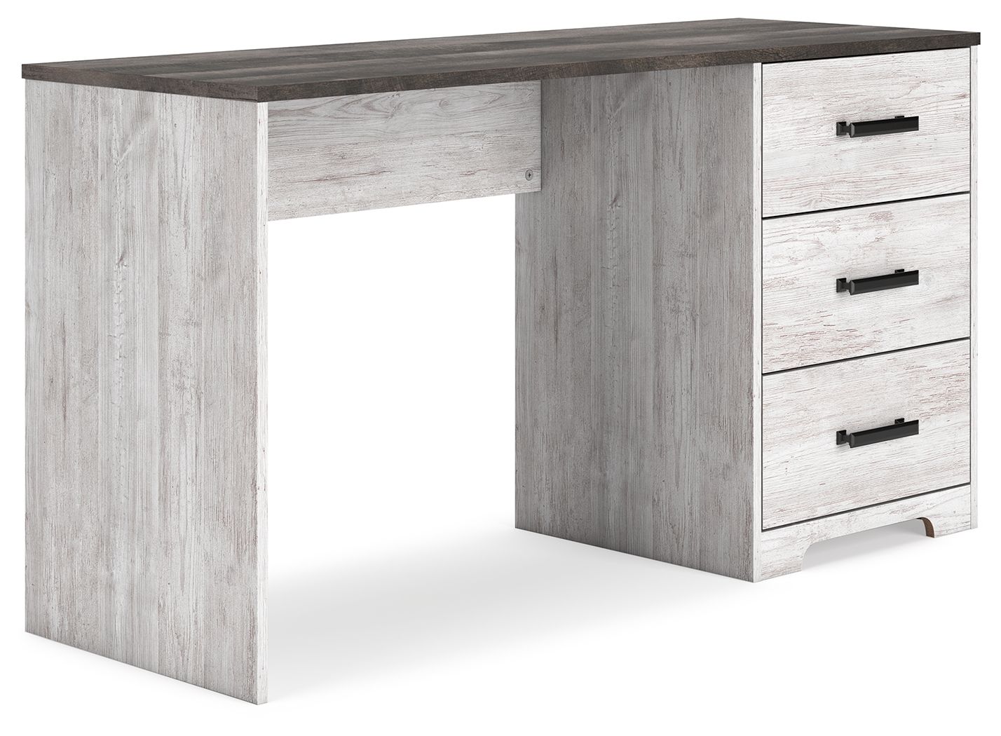 Home office desk with dark top, light gray wood-look frame, three drawers with black pulls