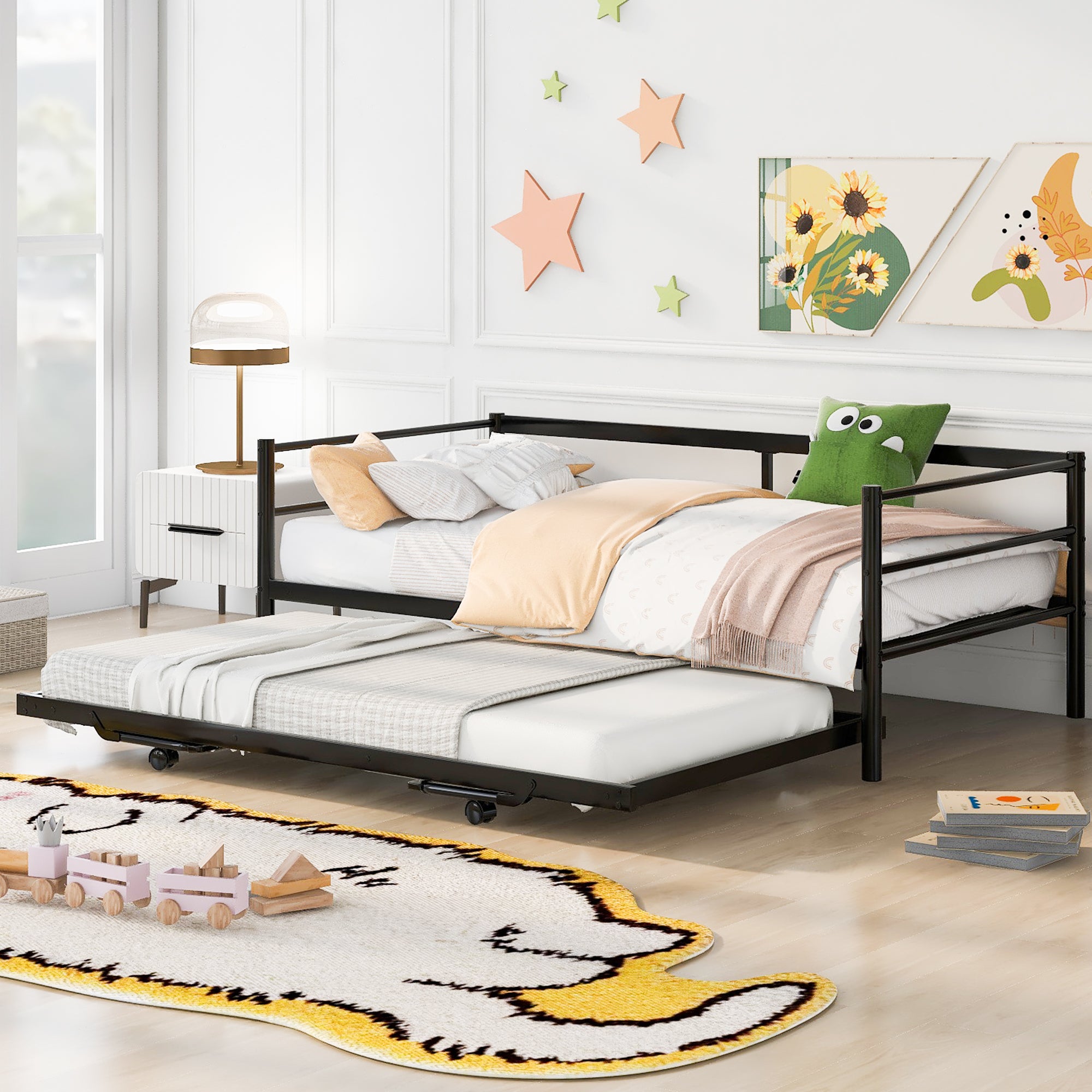 Twin Size Black Metal Daybed | Pop-Up Adjustable Trundle Bed