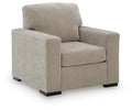 Upholstered armchair in light gray fabric with padded seat and squared arms