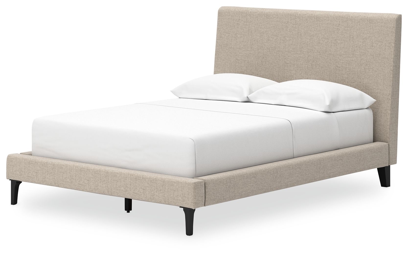Gray upholstered bed with tall headboard and low profile, tapered legs