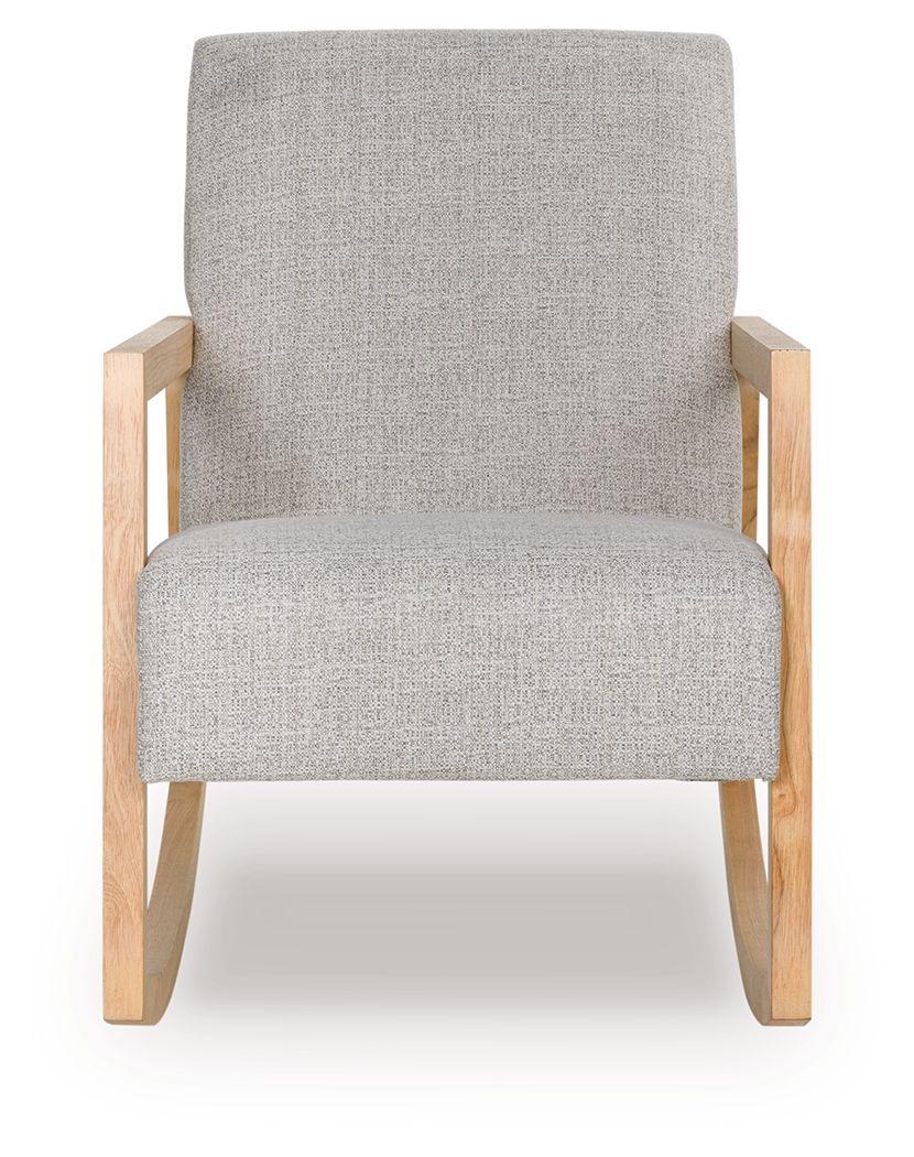 Gray upholstered accent chair with wide back, light wood legs and armrests