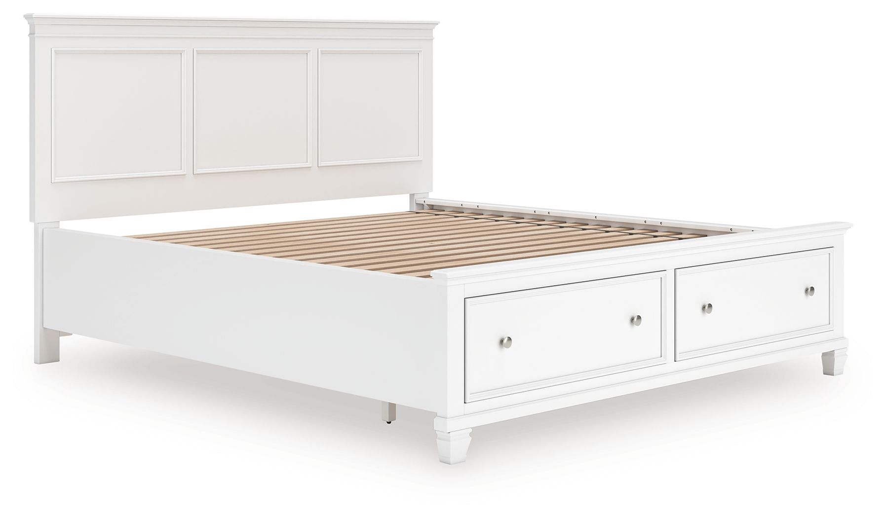 White panel bed with two underbed drawers and wooden slat support