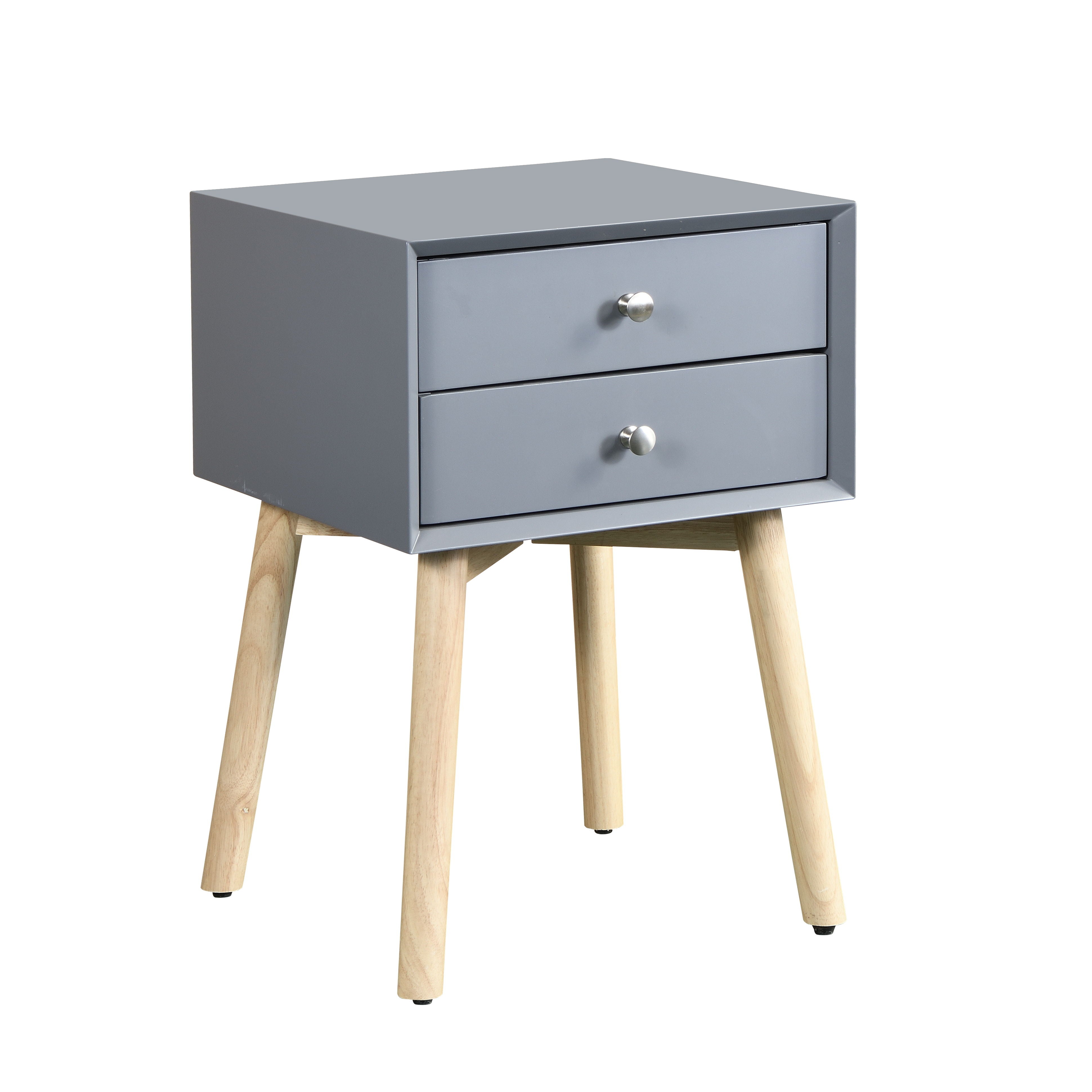 Zfztimber Side Table, Bedside Table With 2 Drawers And Rubber Wood Legs, Mid - Century Modern Storage Cabinet For Bedroom - Gray