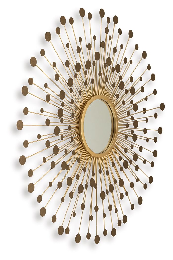 Accent wall mirror with oval glass center and bronze-gold metal rod sunburst frame