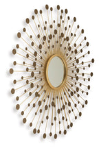 Accent wall mirror with oval glass center and bronze-gold metal rod sunburst frame