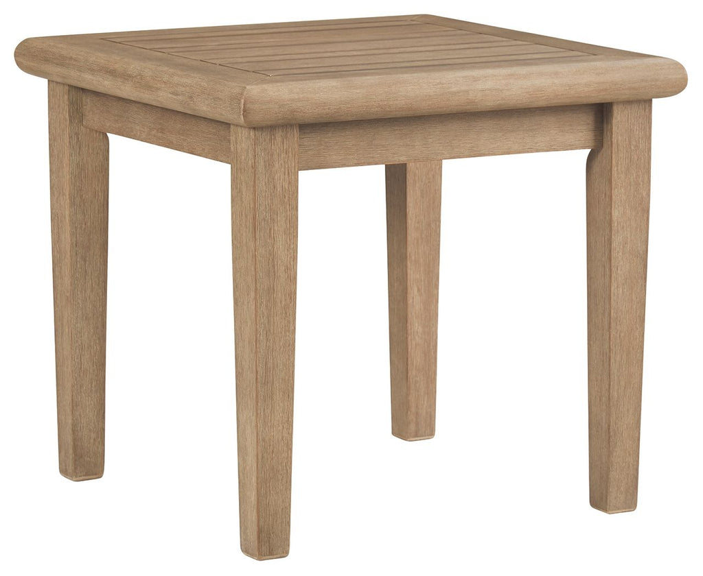 Square end table in light brown wood with rounded corners and sturdy legs