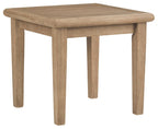 Square end table in light brown wood with rounded corners and sturdy legs