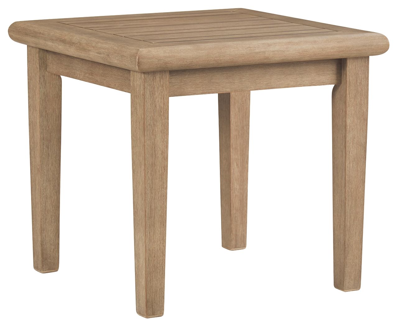 Square end table in light brown wood with rounded corners and sturdy legs