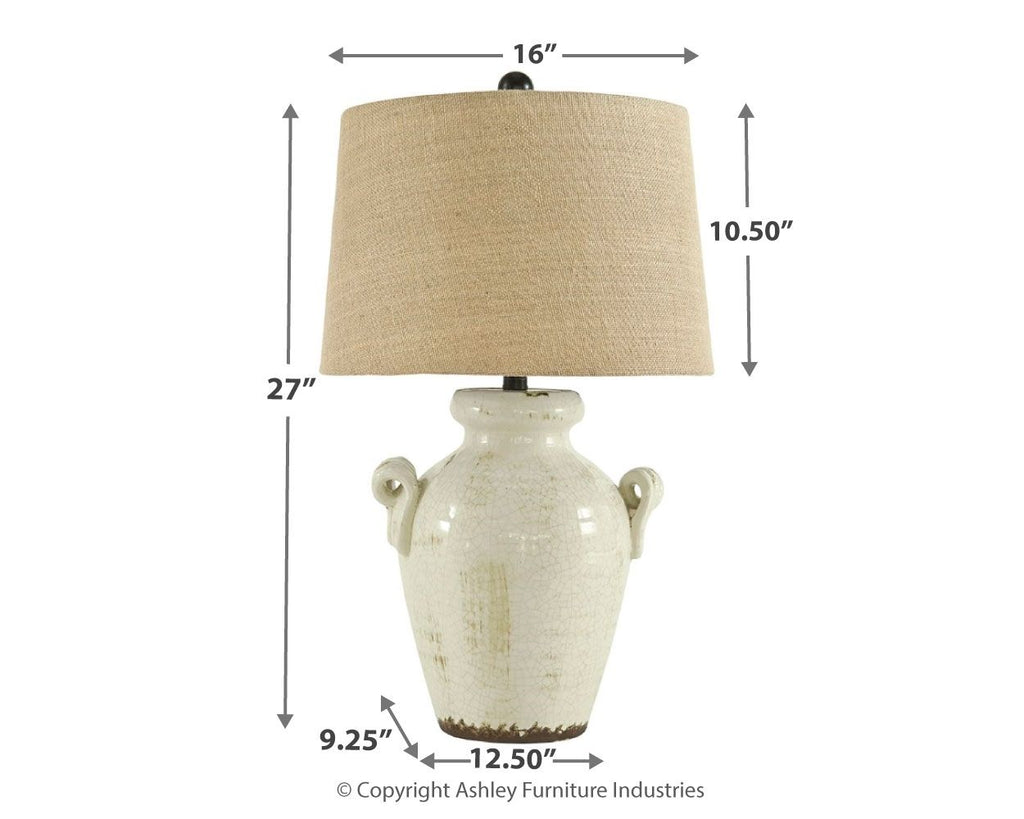 Ceramic table lamp with tan fabric drum shade and cream body, 27 in tall