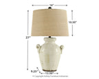 Ceramic table lamp with tan fabric drum shade and cream body, 27 in tall