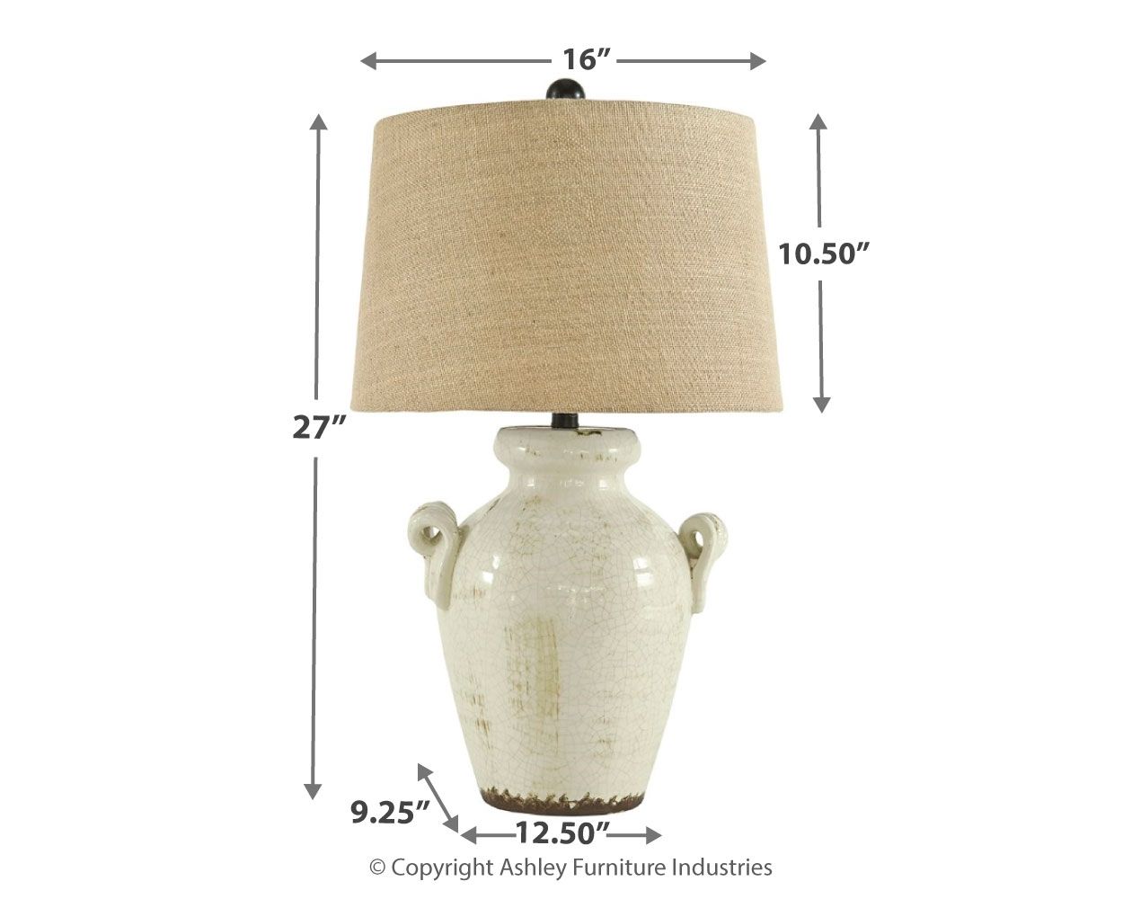 Ceramic table lamp with tan fabric drum shade and cream body, 27 in tall