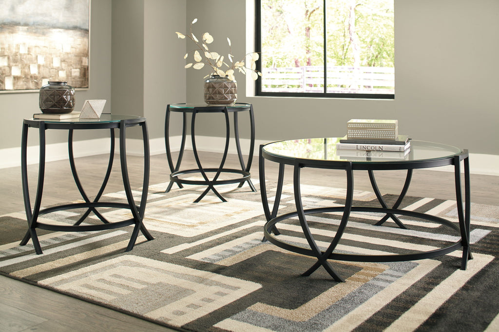 Black metal occasional table set of 3, each with round glass top and four legs