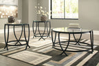 Black metal occasional table set of 3, each with round glass top and four legs