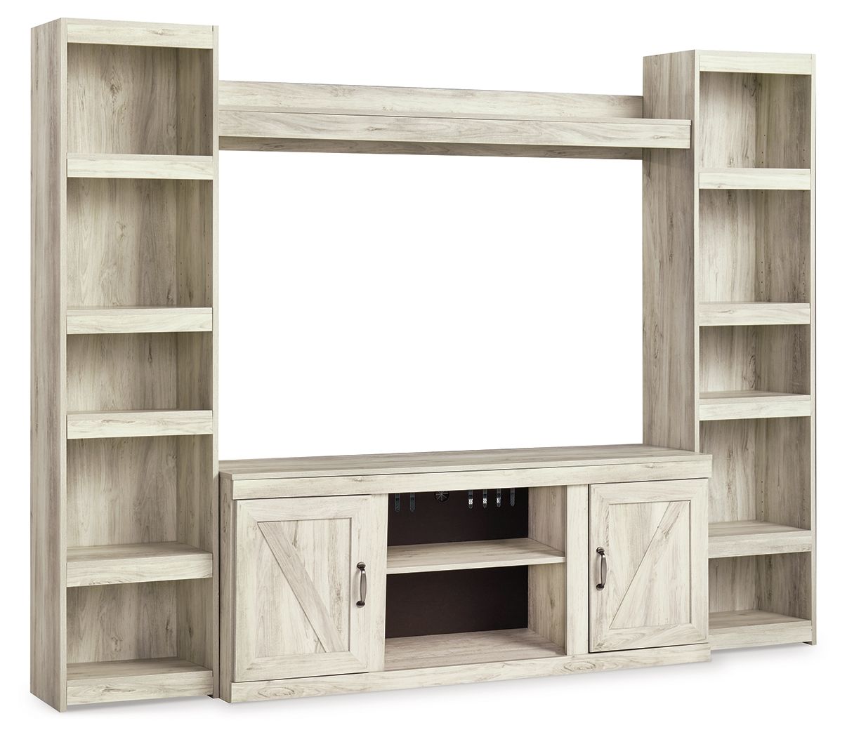Beige entertainment center with open shelves and two cabinet doors, fireplace bay below