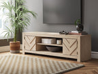 Light wood TV stand with open center shelves and chevron-pattern cabinet doors