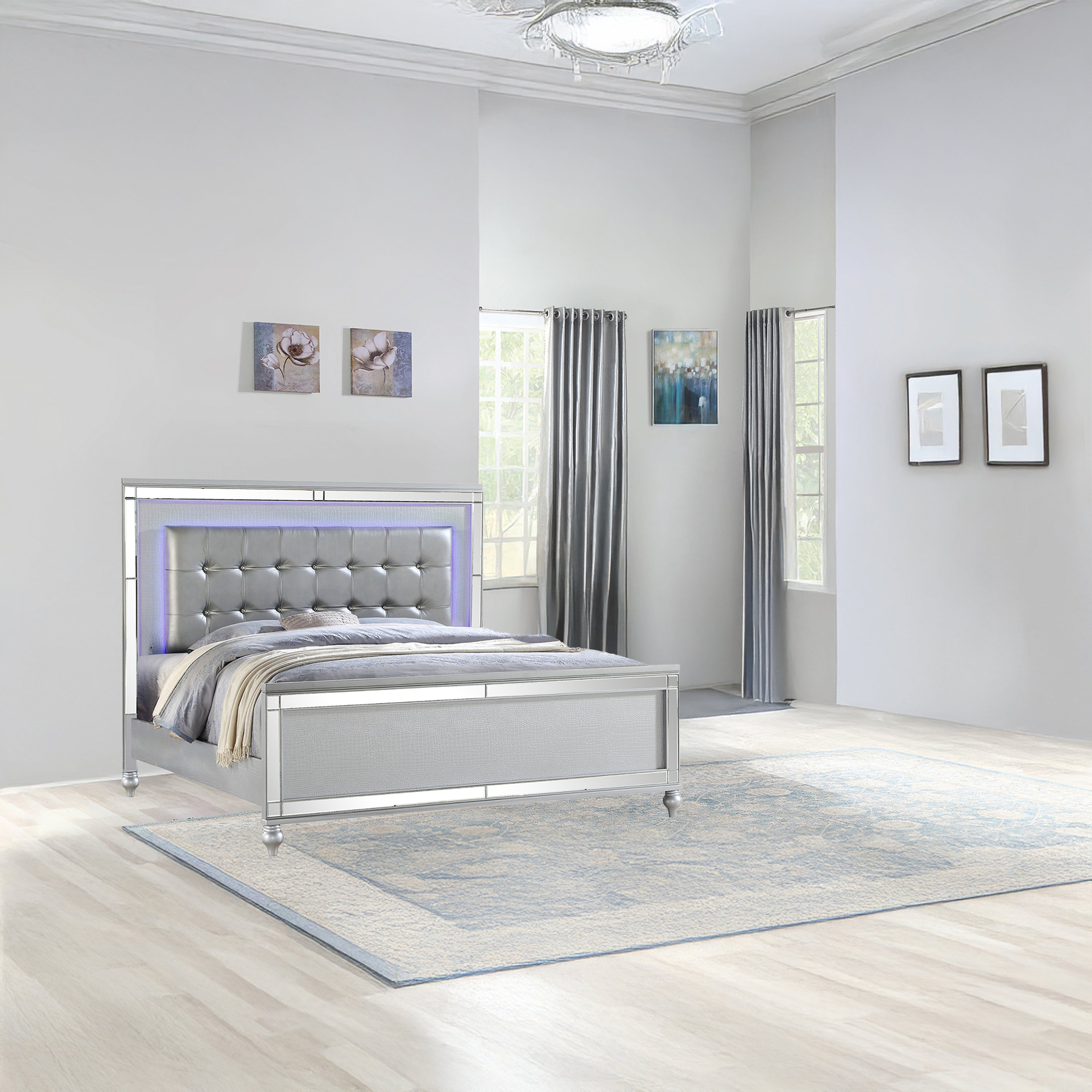 Sterling Queen Size Silver Upholstered Wood LED Bed