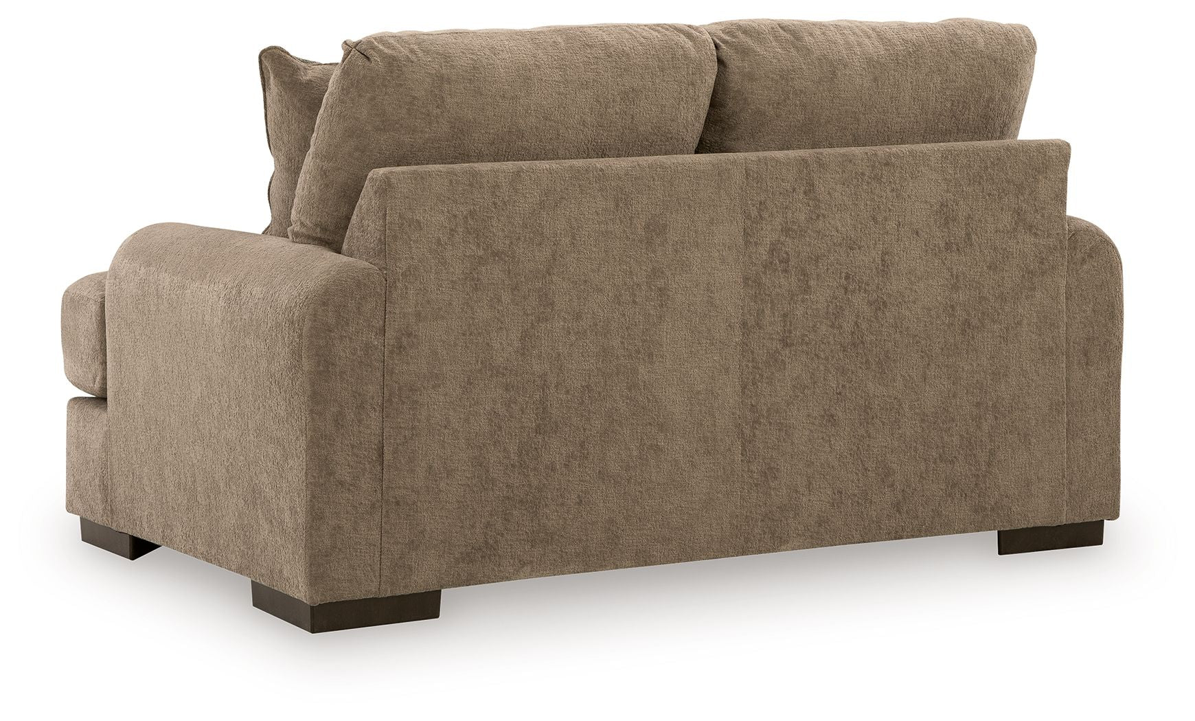 Taupe-brown loveseat sofa with square arms, two seat cushions, dark legs, back pillows
