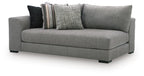 Gray chaise sectional corner with rolled arms and three throw pillows