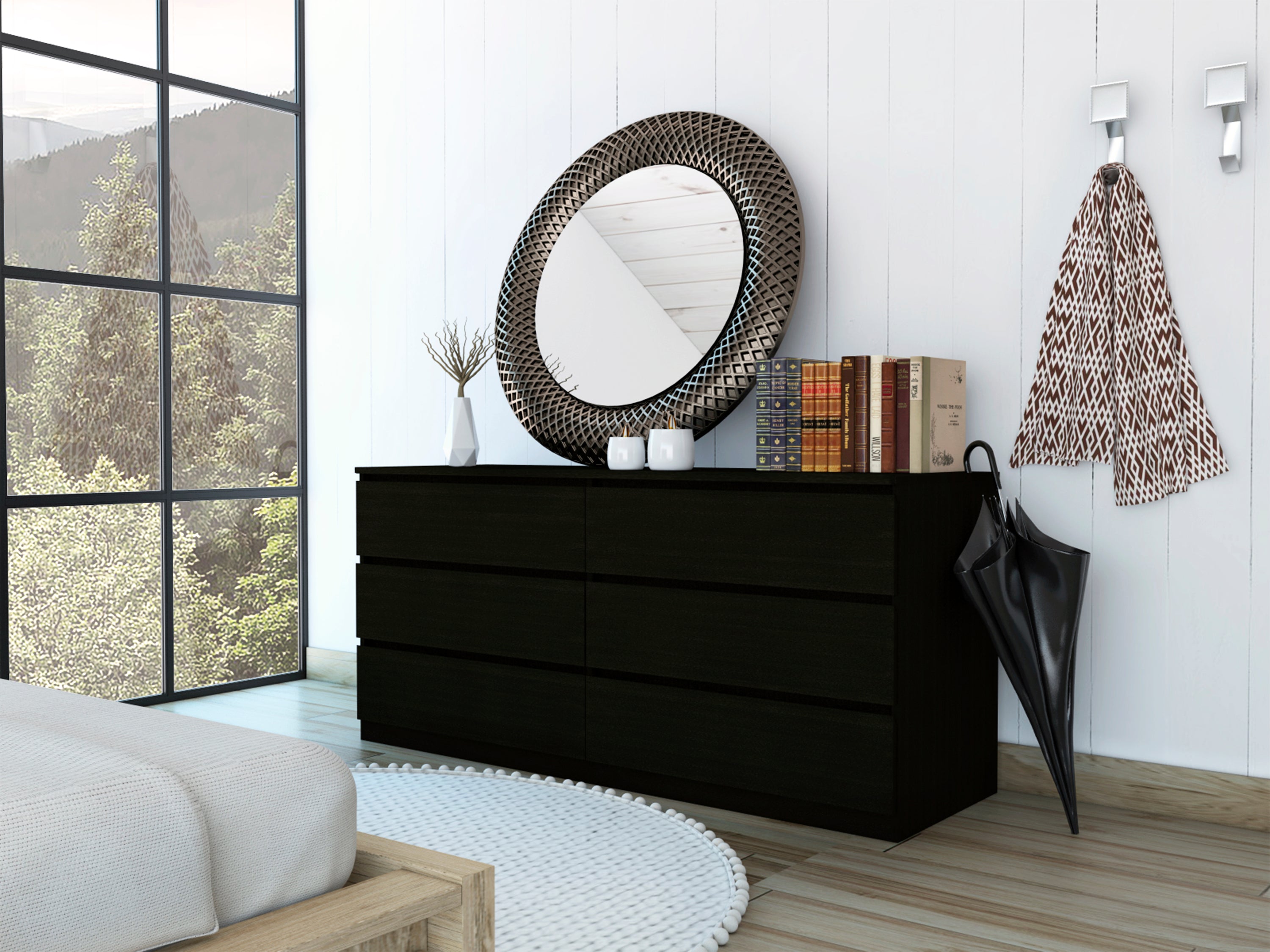 Asteria Black 6 Drawer Double Dresser with Metal Handles
