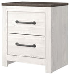 White two-drawer night stand with gray top, two drawers, and dark bar handles