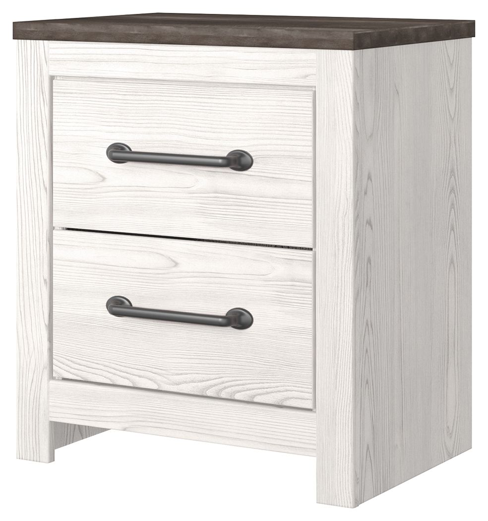 White two-drawer night stand with gray top, two drawers, and dark bar handles