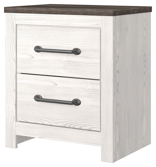 White two-drawer night stand with gray top, two drawers, and dark bar handles