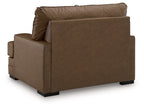 Caramel brown chair and a half side view with tight upholstery and block feet