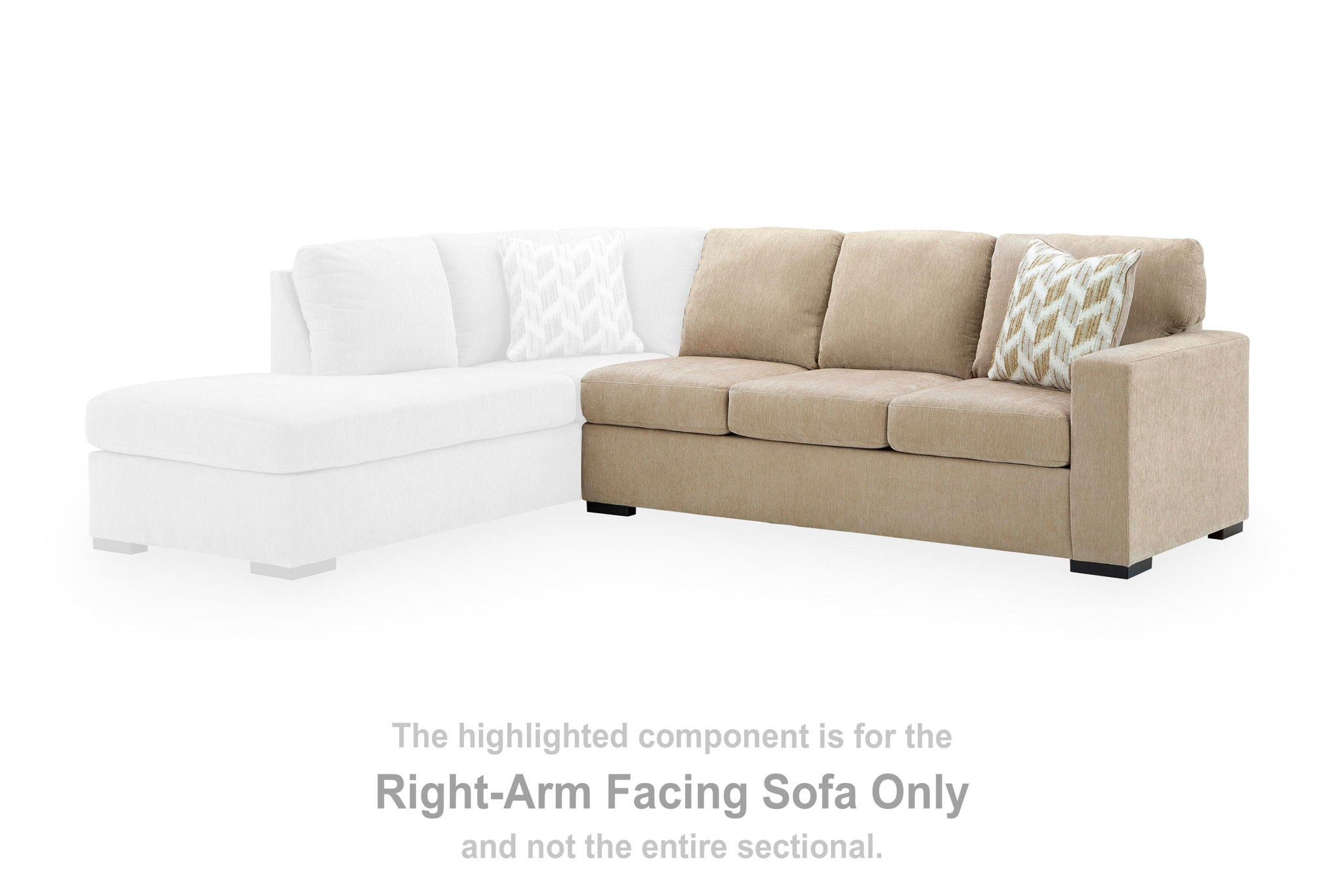 Almond RAF sofa right-facing section with three cushions and a patterned throw pillow