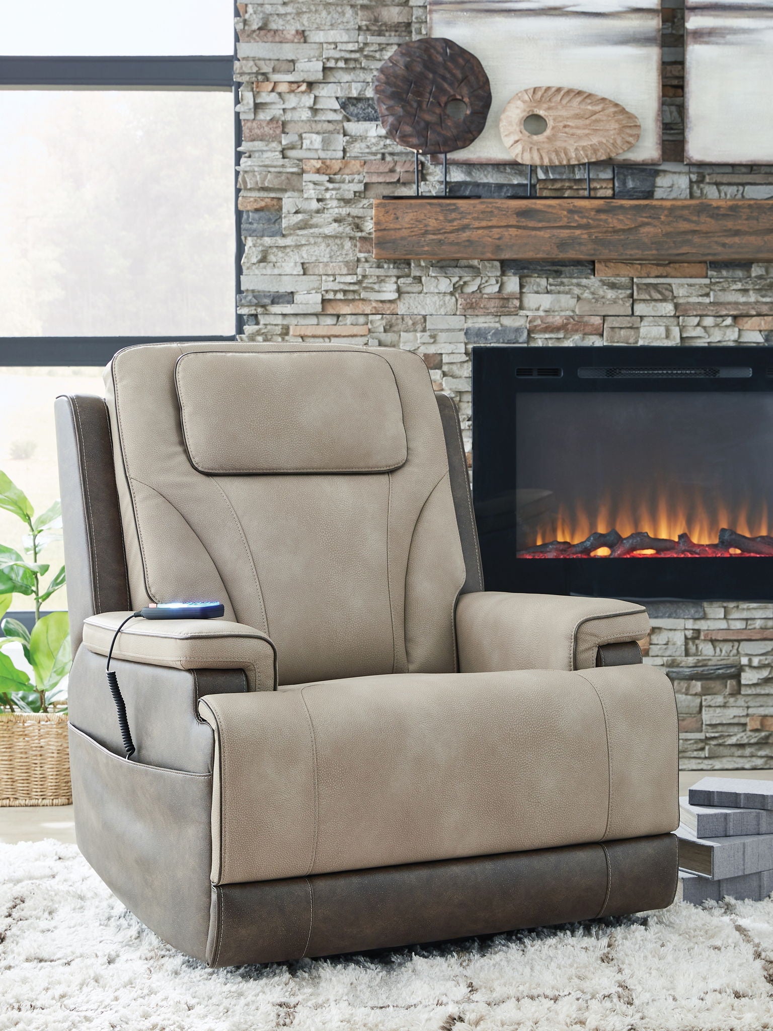 Sand-colored lift recliner with padded headrest and generous cushioned seat, front view