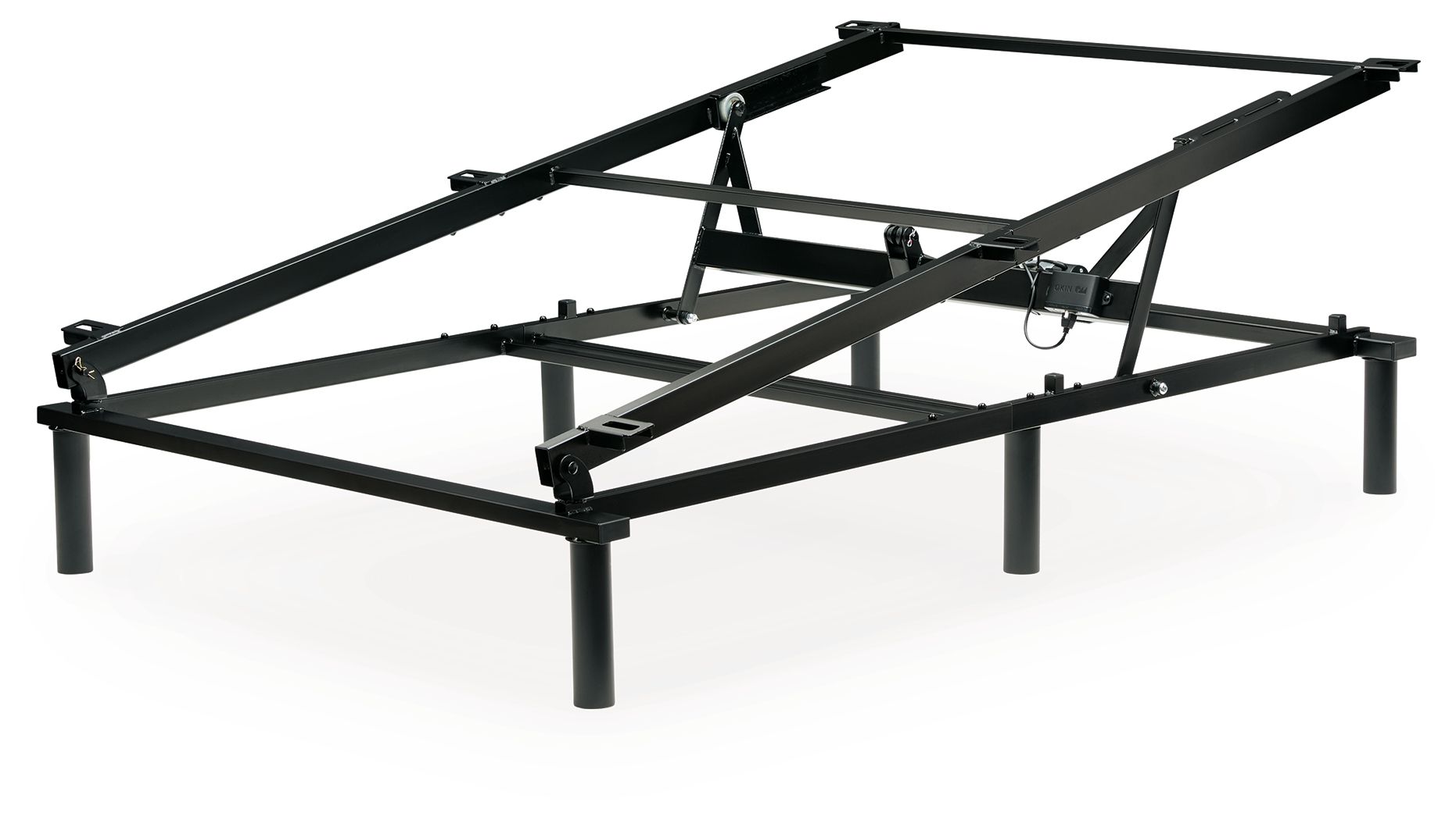 Gray bed lift kit base frame with metal legs and crossbars