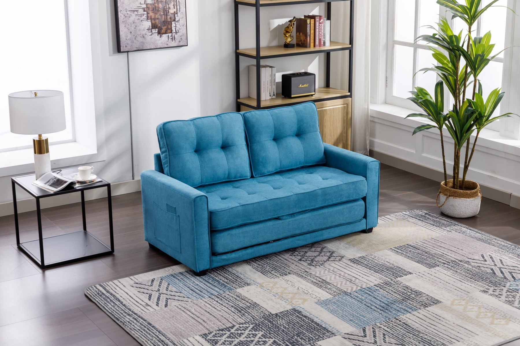 59.4" Loveseat Sofa With Pull-Out Bed Modern Upholstered Couch With Side Pocket For Living Room Office, Blue