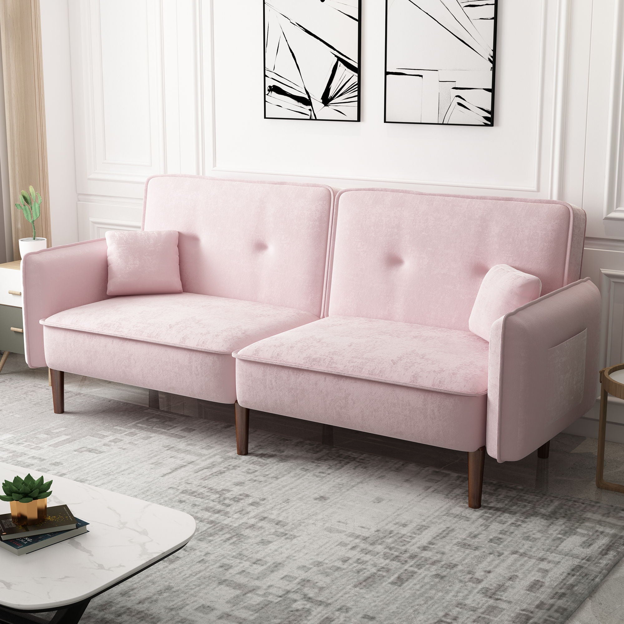 Convertible Sofa Bed With Wood Legs In Velvet (Pink)