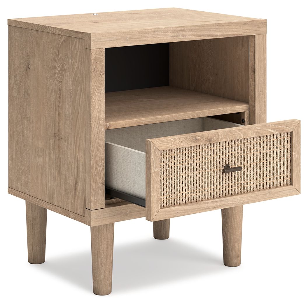 Two-tone night stand with open compartment and front woven drawer