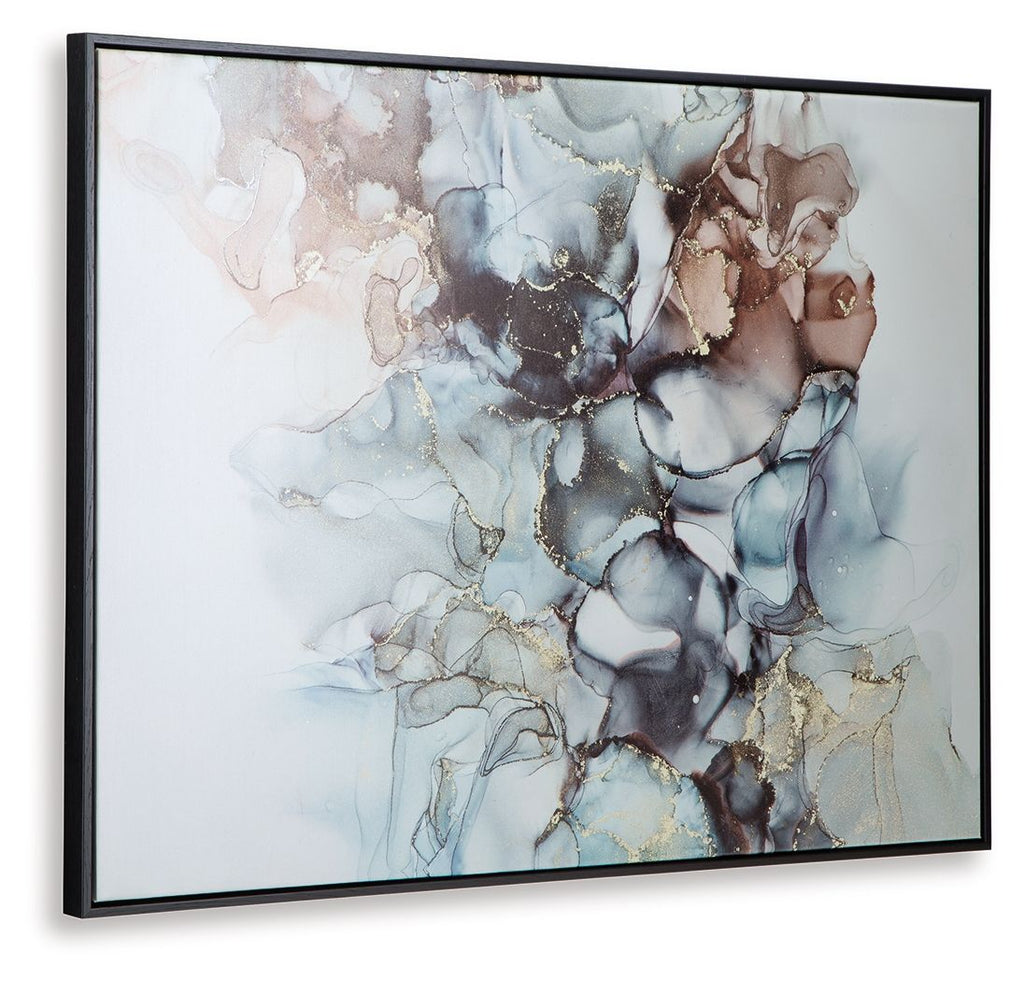 Framed abstract wall art with blue and tan marbled shapes in soft tones