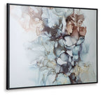 Framed abstract wall art with blue and tan marbled shapes in soft tones