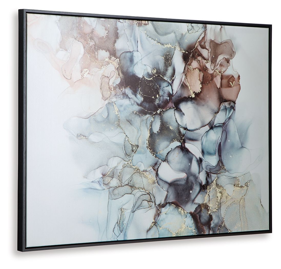 Framed abstract wall art with blue and tan marbled shapes in soft tones