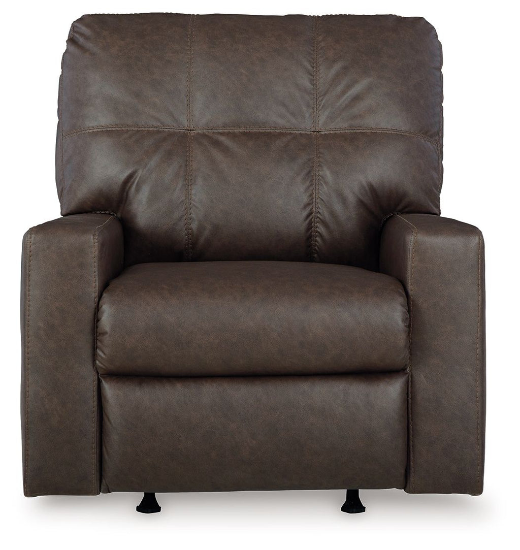 Brown rocker recliner with square arms, tufted back, and cushioned seat