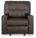 Brown rocker recliner with square arms, tufted back, and cushioned seat