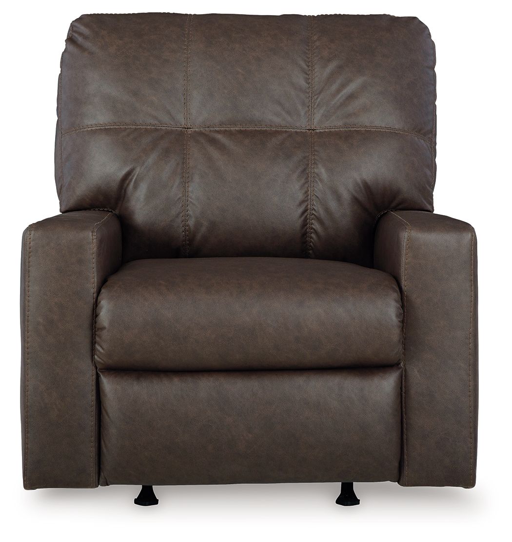 Brown rocker recliner with square arms, tufted back, and cushioned seat