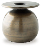 Bronze metal vase from front angle with wide rim and open center hole, dark brushed finish.