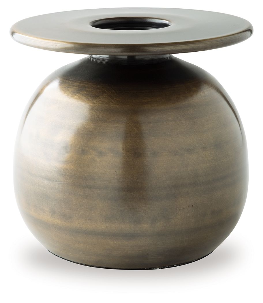 Bronze metal vase from front angle with wide rim and open center hole, dark brushed finish.